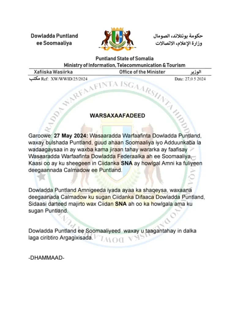 PUNTLAND OO BEENISAY SHEEGASHADA DOWLADDA FEDERAALKA EE HOWLGALKA CALMADOW.