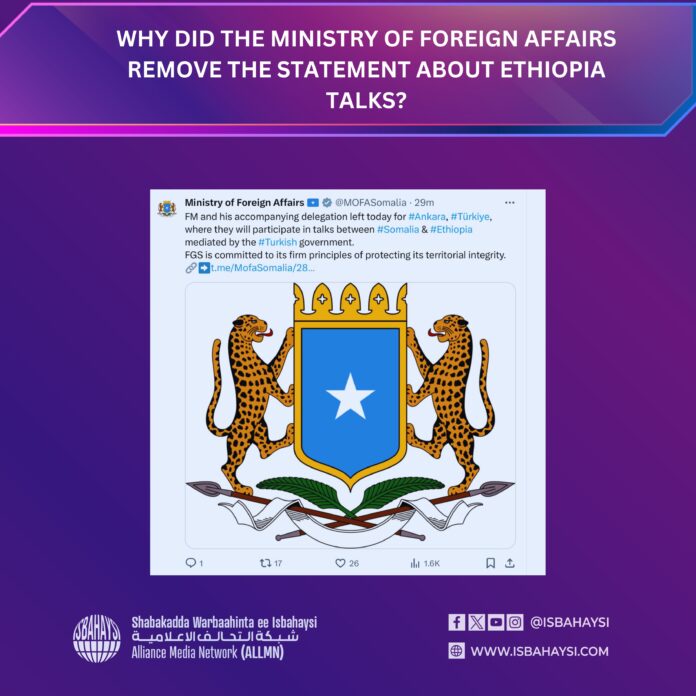 Somalia's Foreign Ministry Deletes Post Announcing Ankara Talks with Ethiopia