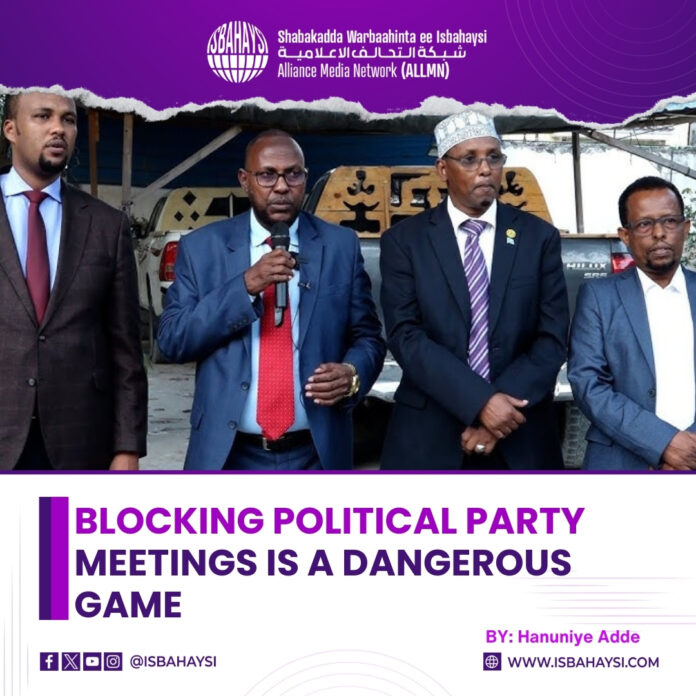 Blocking political Party meetings is a dangerous game This week president Hassan Sheikh Mohamud ordered the suspension of a meeting of 5 Somali political Parties which wanted to join forces to oppose his government in the next election. On the day of the meeting the venue was taken over by national security officers and the meeting was disbanded. Despite this legal violation and physical intimidation, the political parties have vowed to break this ban and go ahead with their meeting. The blocking of political activity and organisations freedom of assembly and speech is a breach of Somalia’s provisional constitution. The constitution in the last 2 years under Hassan Sheikh under went changes that make it incompatible with itself. Anyone reading the constitution with its 4"amended" chapters as the government likes to call it will see it is incoherent and not implementable. Add to this a non- functioning constitutional court, divisions with most federal member states and a unconstitutional election commission chosen from the presidents friends, the whole one man, one vote agenda is discredited. All the opposition parties and Jubbaland and Puntland states have completely rejected the illegal constitutional changes by president Hassan Sheikh. They also oppose the national election commission. The international partners are very concerned that this exclusive one man show process can open the door for more political instability. The government is trying very hard to protect the incompetent prime minister Hamza Barre from a motion of no confidence in Parliament once it opens. This is why president Hassan Sheikh and his prime minister are coercing the Speaker Adan Madobe to delay the opening of the next session until after Ramadan. These tactics are so far working but will cause big political tensions which can spillover into violence. The democratic process in Somalia belongs to everyone and must be inclusive. President Hassan Sheikh wants to create an electoral systems designed to fit him only. This is not going to work in Somalia.